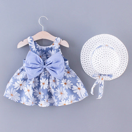 2pcs Baby Girl All Over Daisy Floral Print Bowknot Sleeveless Tank Dress with Hat Set