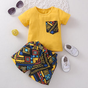 2pcs Baby Boy Geometric Print Short-sleeve T-shirt and Shorts Set