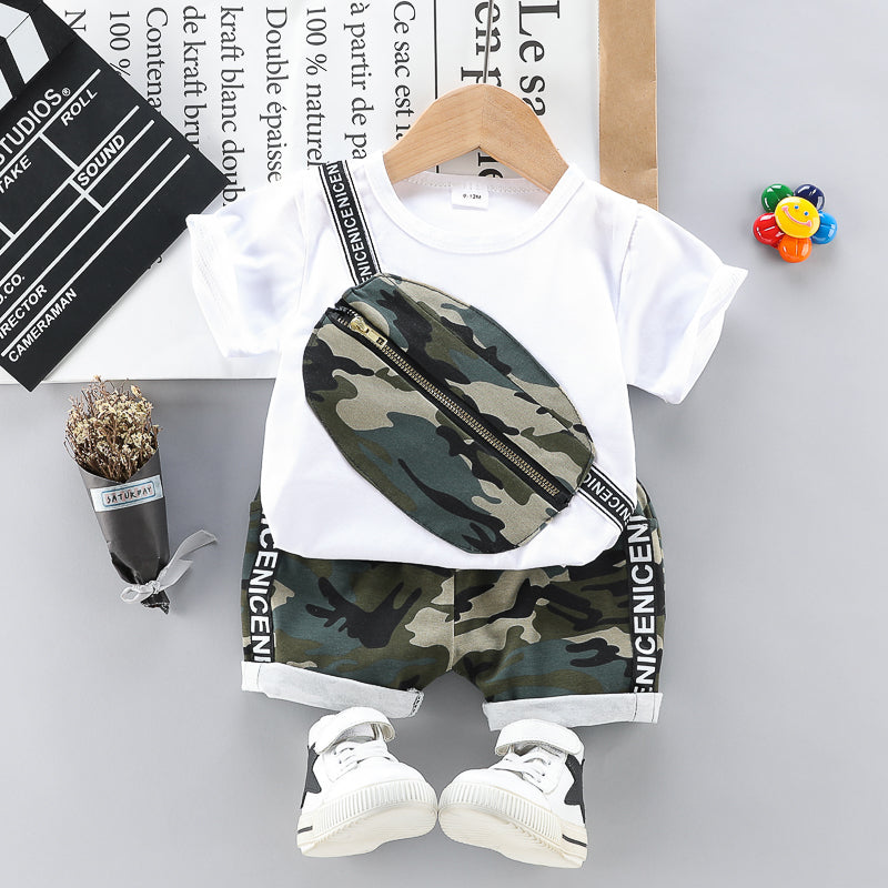 2pcs Toddler Boy Casual Camouflage Bag Print Tee and Letter Print Shorts Set