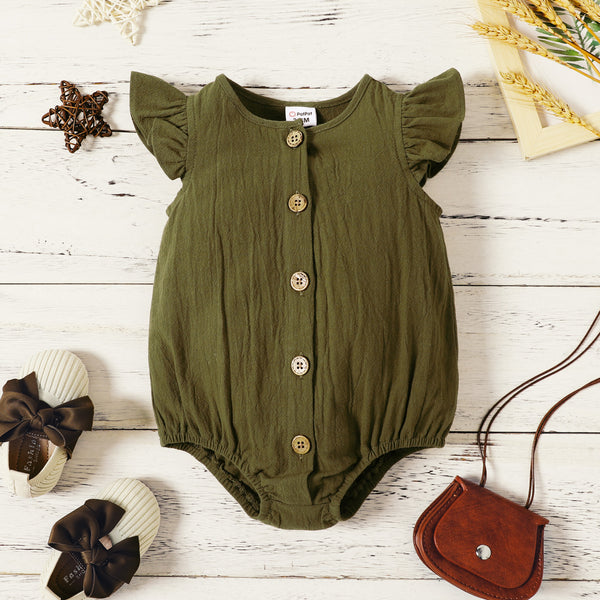 100% Cotton Baby Girl Solid Flutter-sleeve Button Up Romper