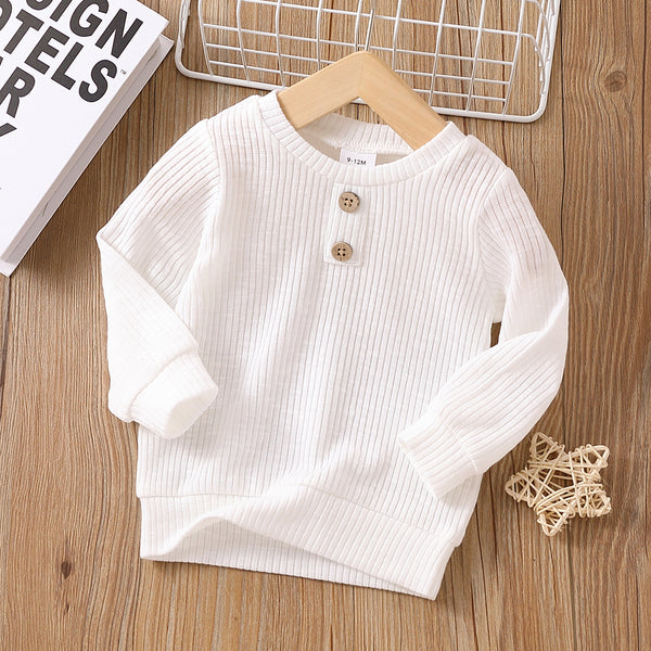 Baby BoyGirl Button Design Solid Ribbed Knitted Long-sleeve Pullover Top