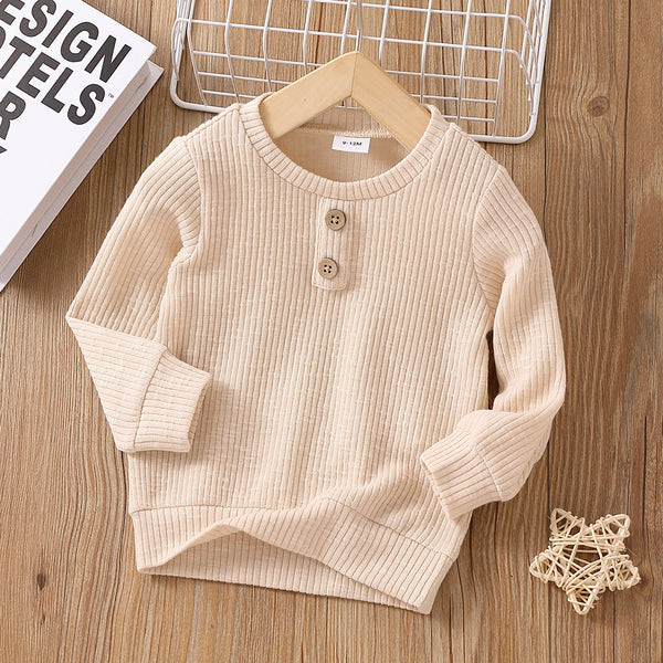 Baby BoyGirl Button Design Solid Ribbed Knitted Long-sleeve Pullover Top