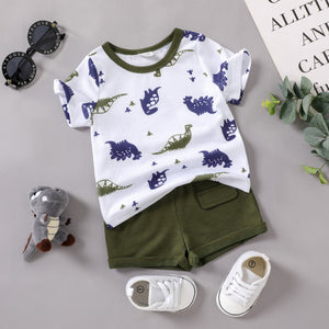 Conjunto de camiseta de manga corta y pantalones cortos lisos con estampado de dinosaurio para bebé niño de 2 uds.
