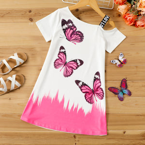 Kid Girl Butterfly Print Colorblock Cold Shoulder Short-sleeve Dress