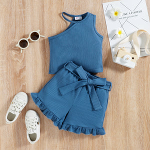 2pcs Baby Girl Blue Rib Knit Halter Neck One Shoulder Tank Top and Belted Ruffle Trim Shorts Set