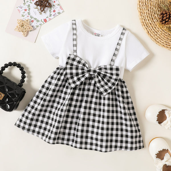 Baby Girl 95% Cotton Short-sleeve Plaid Bow Front Dress