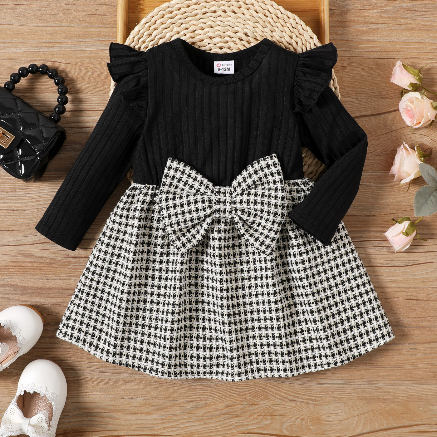 Baby Girl Ruffle Long-sleeve Rib Knit Spliced Tweed Bow Front Dress