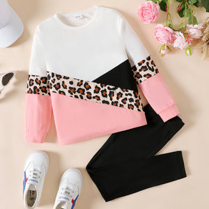2pcs Kid Girl Leopard Print Colorblock Long-sleeve Tee and Black Leggings Set