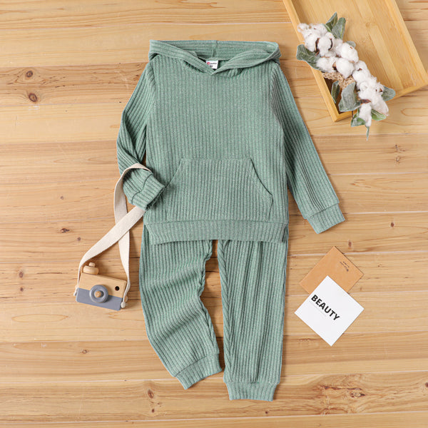 2pcs Toddler Boy Solid Color Ribbed Hooded Sweatshirt and Pants Set