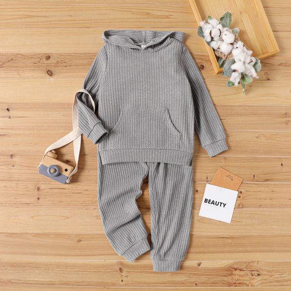 2pcs Toddler Boy Solid Color Ribbed Hooded Sweatshirt and Pants Set