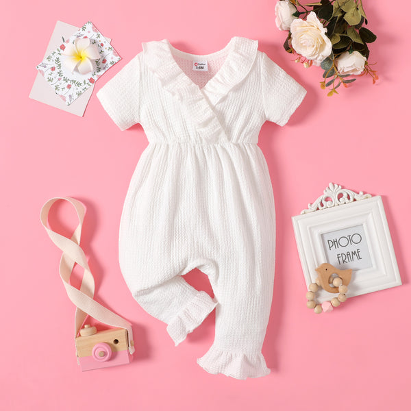 Baby Girl Solid Textured Ruffle Trim Short-sleeve Jumpsuit