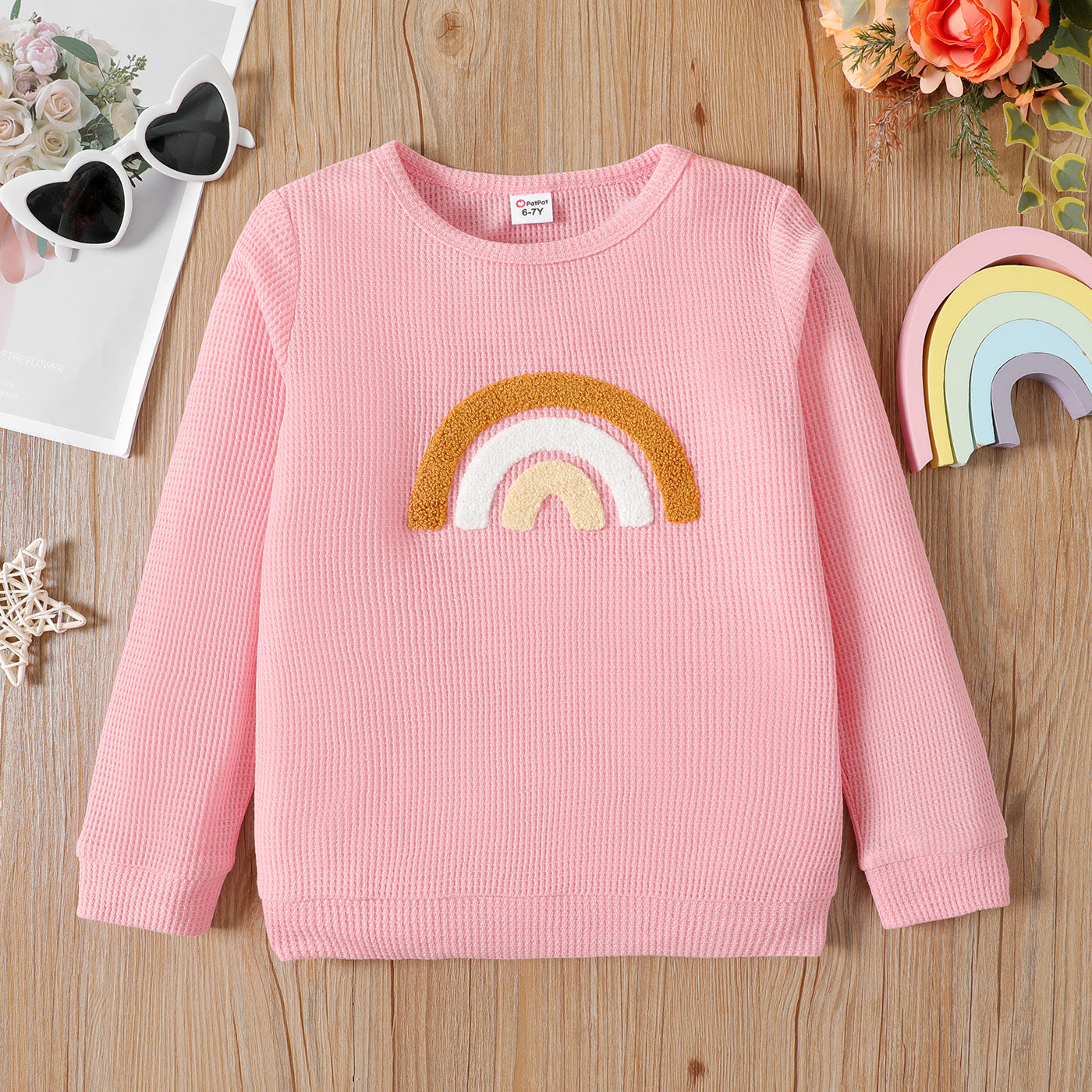 Kid Girl Rainbow Embroidered Waffle Pullover Sweatshirt