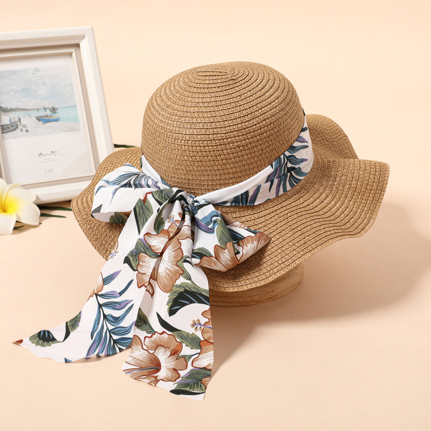 Floral Pattern Bow Decor Ruffled Straw Hat for Mom and Me
