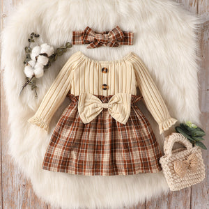 2pcs Baby Girl 95% Cotton Rib Knit Bow Front Long-sleeve Spliced Plaid Dress with Headband Set
