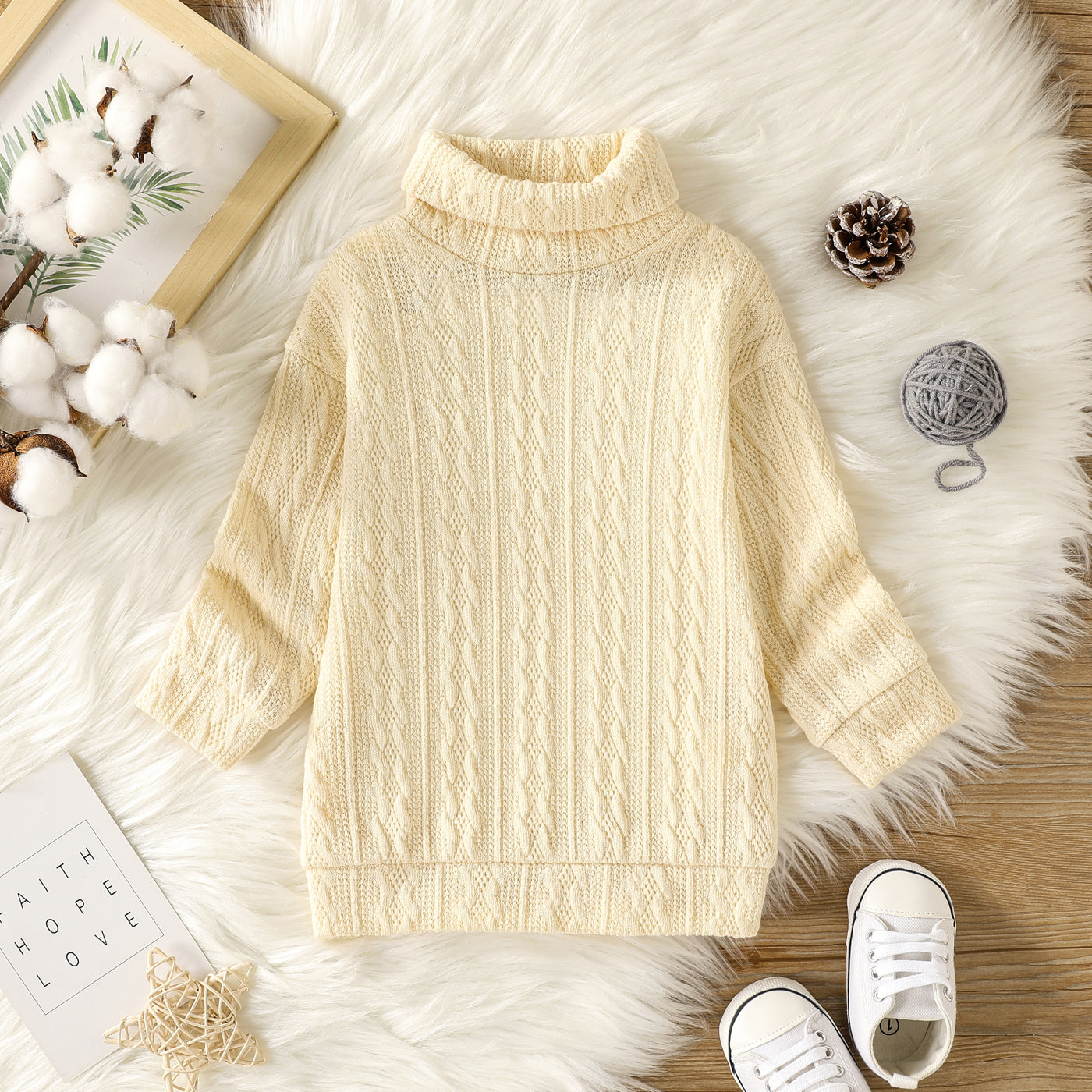 Baby Girl Solid Cable Knit Turtleneck Long-sleeve Sweater Dress