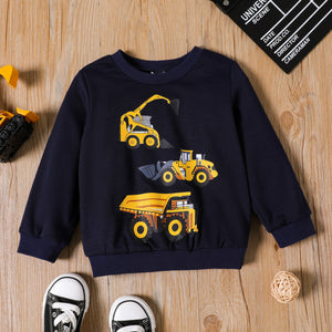 Toddler Boy Vehicle Excavator Print Dark Blue Pullover Sweatshirt