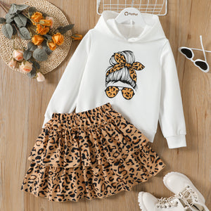 2pcs Kid Girl Cartoon Print White Hoodie Sweatshirt and Leopard Print Layered Skirt Set