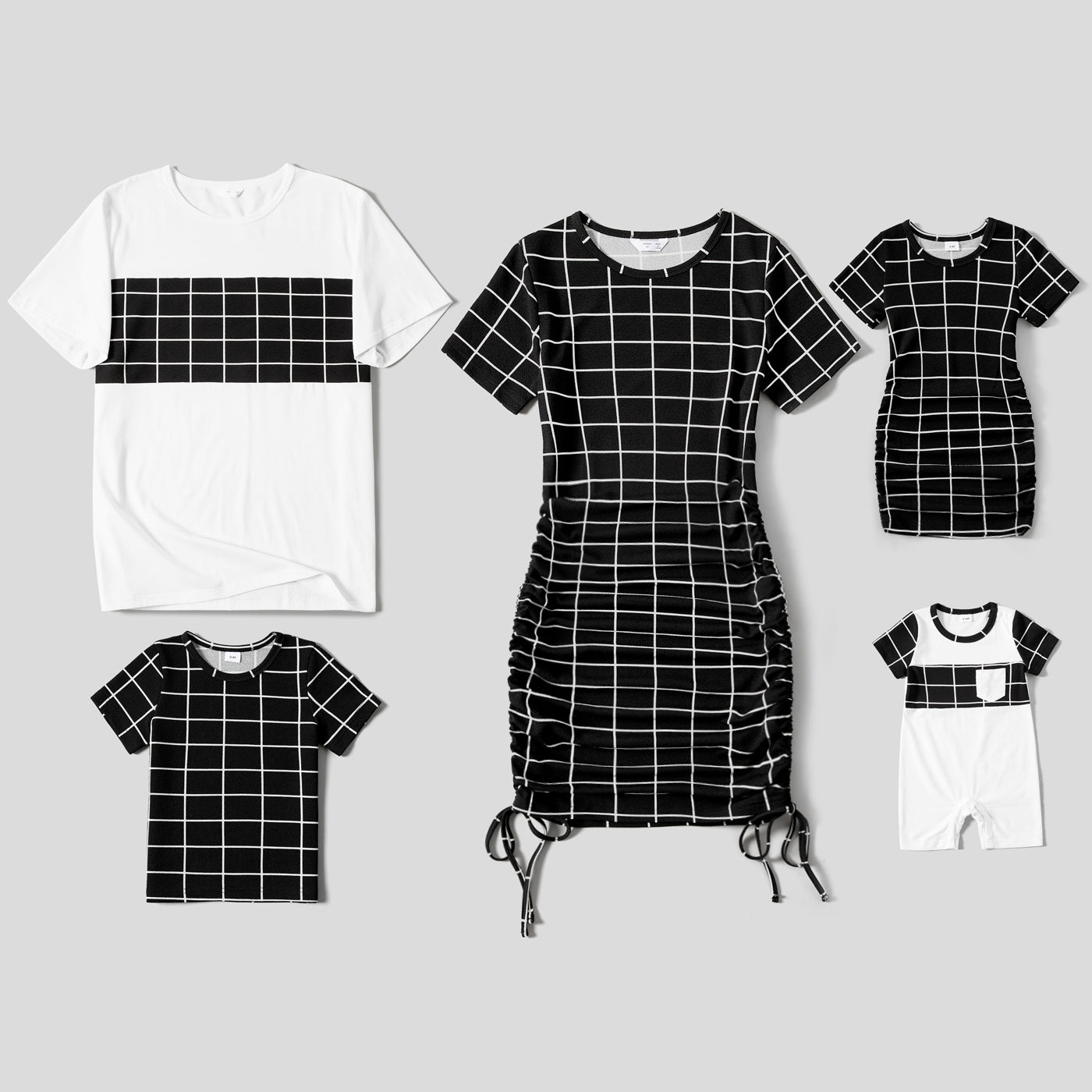Family Matching Plaid Short-sleeve Drawstring Ruched Bodycon Dresses and T-shirts Sets