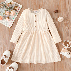 Toddler Girl Solid Color Button Design Ribbed Long-sleeve Dress