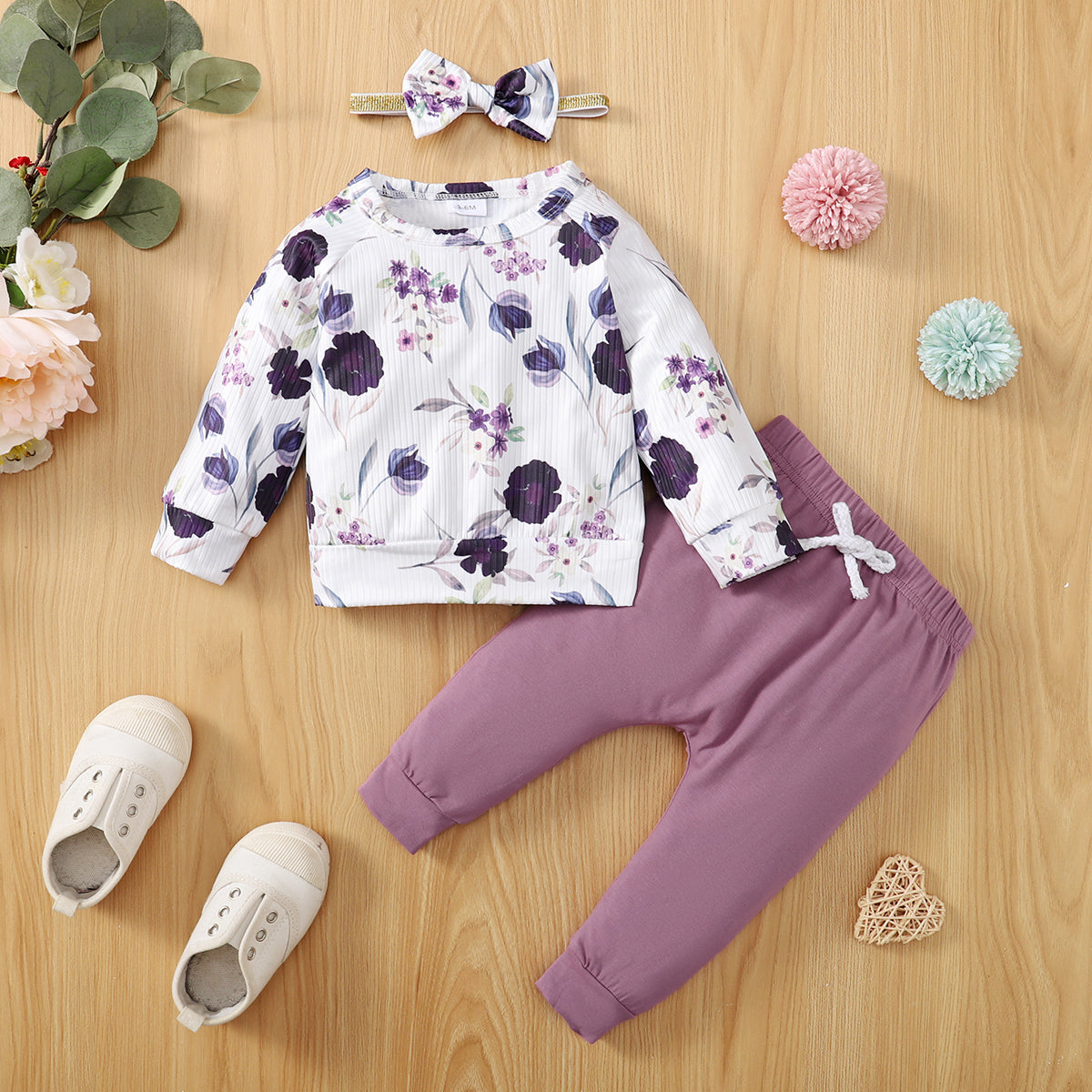 3pcs Baby Girl 95% Cotton Pants and Allover Floral Print Rib Knit Long-sleeve Pullover with Headband Set