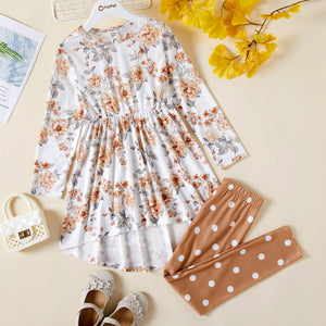 2pcs Kid Girl Floral Print High Low Long-sleeve Tee and Polka dots Leggings Set
