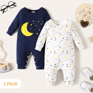 2-Pack Baby Boy/Girl 95% Cotton Long-sleeve Allover Stars   Moon Print Jumpsuits Set