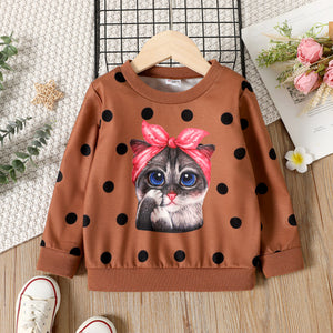 Toddler Girl Animal Cat Print Polka dots Brown Pullover Sweatshirt
