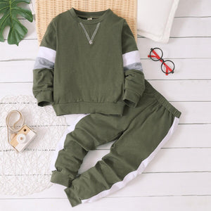 2pcs Toddler Boy Casual Colorblock Army Green Sweatshirt and Pants Set