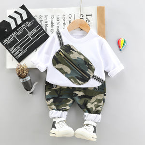 2pcs Toddler Boy Trendy Camouflage Print Bag Design Sweatshirt and Pants Set