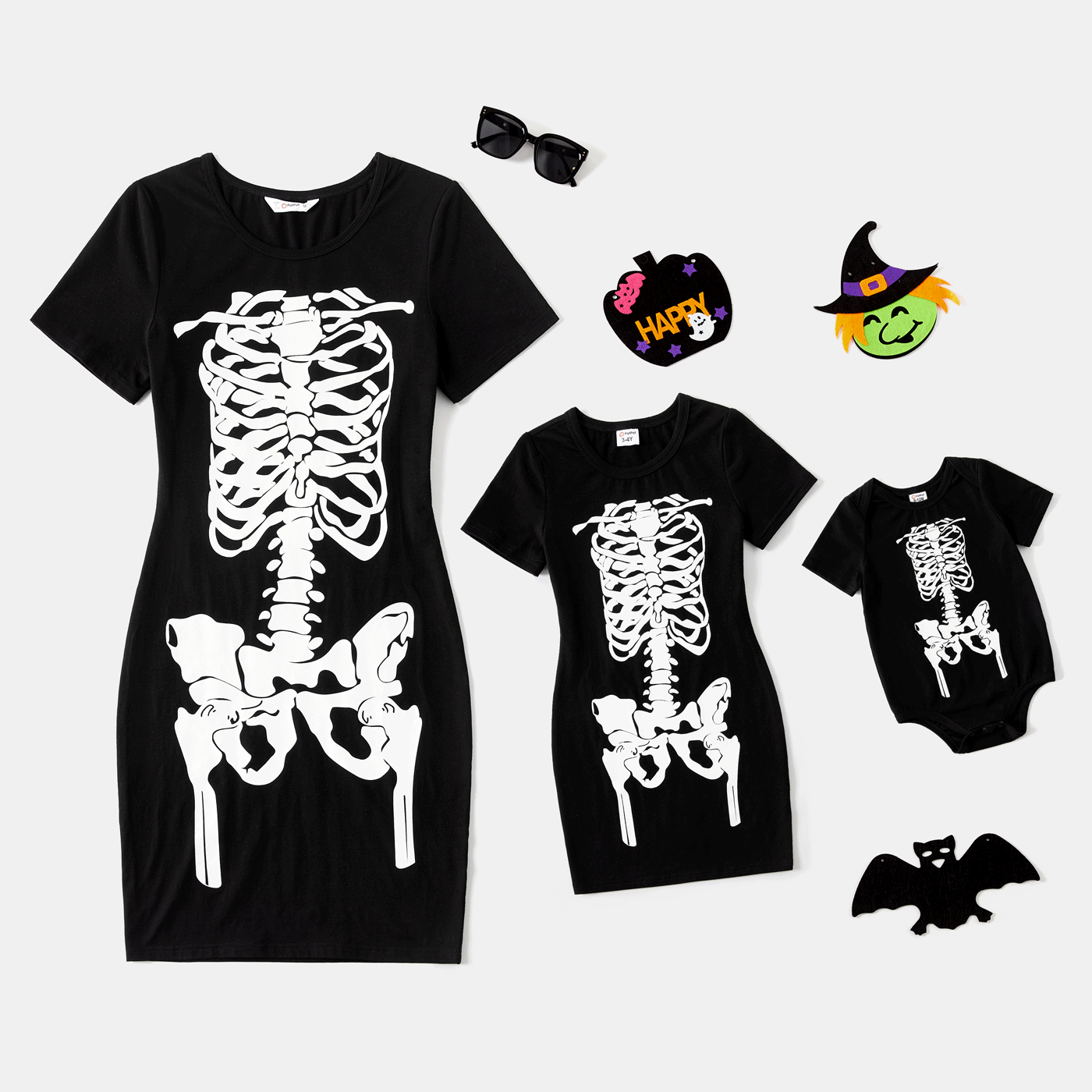 Halloween Glow In The Dark Skeleton Print 95% Cotton Short-sleeve Black Bodycon T-shirt Dress for Mom and Me