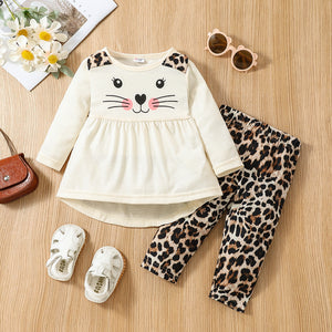 2pcs Baby Girl Cartoon Cat Print Long-sleeve Top and Leopard Pants Set