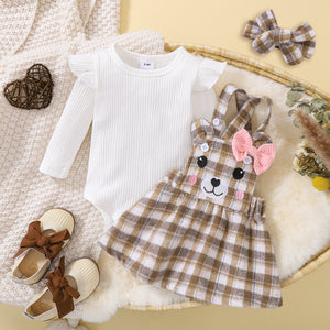3pcs Baby Girl 95% Cotton Rib Knit Long-sleeve Romper and Cartoon Embroidered Plaid Overall Dress with Headband Set
