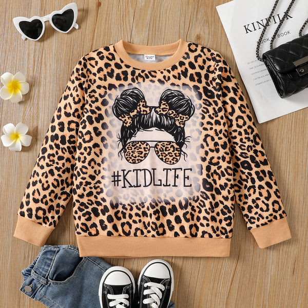 Kid Girl Cartoon Tie Dyed/ Leopard Print Pullover Sweatshirt