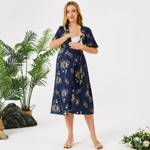 Nursing Floral Print Ruffle-sleeve Wrap Belted Dress