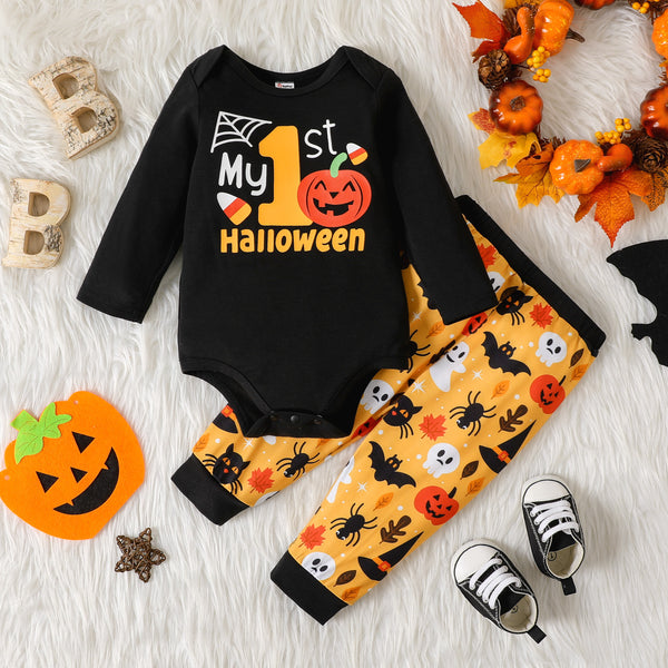 Halloween 2pcs Baby Boy Long-sleeve Graphic Romper and Allover Print Pants Set