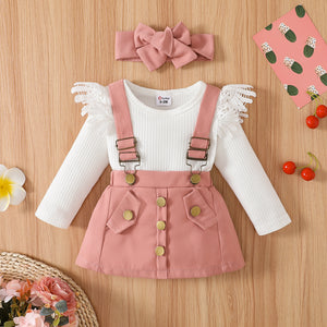 3pcs Baby Girl 95% Cotton Long-sleeve Lace Spliced Rib Knit Romper and Suspender Skirt with Headband Set