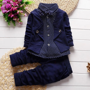 2pcs Toddler Boy Preppy style Faux-two Polka dots Long-sleeve Shirt and Pants Set