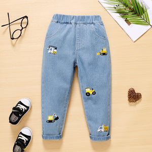 Toddler Boy Playful 100% Cotton Vehicle Embroidered Denim Jeans
