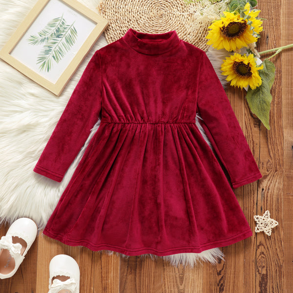 Toddler Girl Solid Color Mock Neck Long-sleeve Velvet Dress