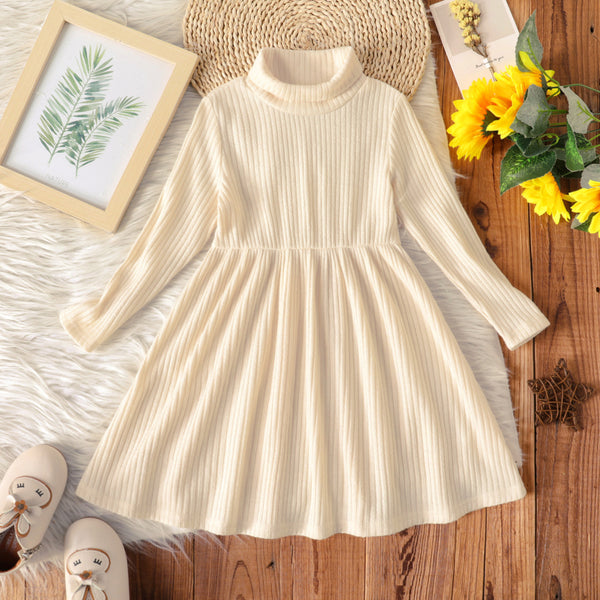 Toddler Girl Turtleneck Solid Color Ribbed Long-sleeve Dress