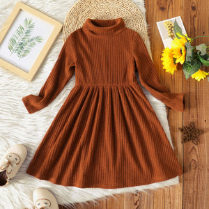 Toddler Girl Turtleneck Solid Color Ribbed Long-sleeve Dress