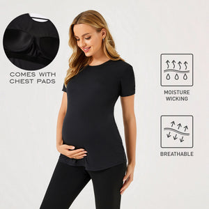 Activewear Moisture Wicking Maternity Black Tie Back Sports Short-sleeve Top