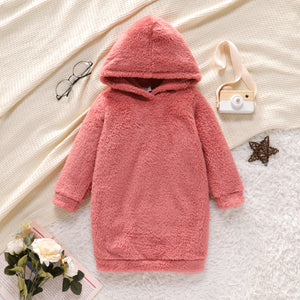 Toddler Gril Pink Fleece Hooded Sweatshirt Dress