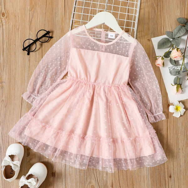 Toddler Girl Polka dots Solid Color Mesh Long-sleeve Dress