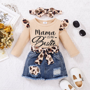 3pcs Baby Girl 100% Cotton Leopard Print Belted Ripped Denim Skirt and Letter Print Rib Knit Long-sleeve Romper with Headband Set