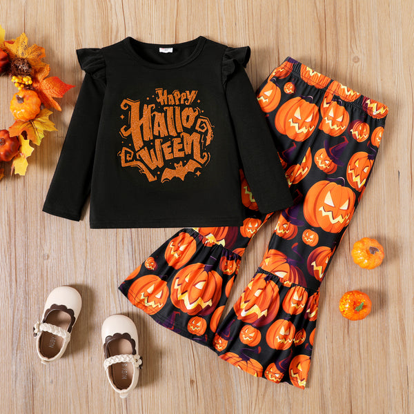 2pcs Toddler Girl Halloween Graphic Print Ruffled Long-sleeve Tee and Flared Pants Set
