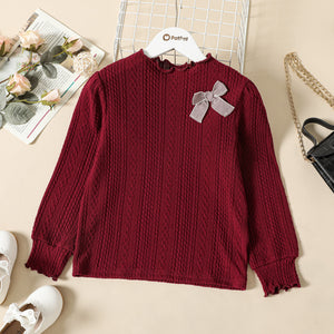 Kid Girl 3D Bowknot Design Cable Knit Textured Mock Neck Long-sleeve Tee