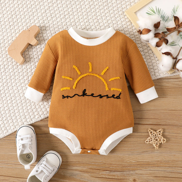 100% Cotton Baby Boy/Girl Sun Embroidered Long-sleeve Waffle Romper