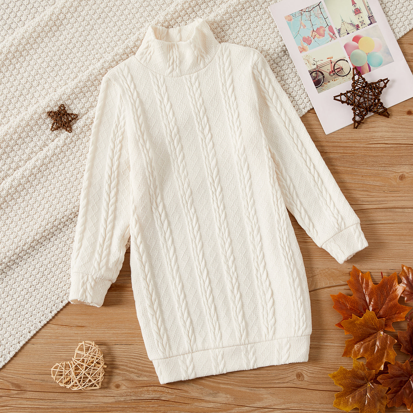 Kid Girl Solid Color Cable Knit Textured Mock neck Sweater Dress