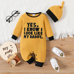 2pcs Baby Boy/Girl Letter Embroidered Long-sleeve Knitted Jumpsuit with Hat Set